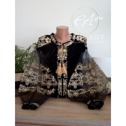 Блузка на чорному бархаті з золотистою вишивкою та рукавчиком з сітки "Знахідка"