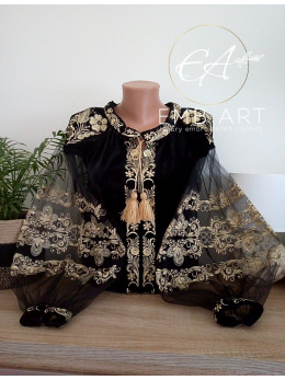 Блузка на чорному бархаті з золотистою вишивкою та рукавчиком з сітки "Знахідка"